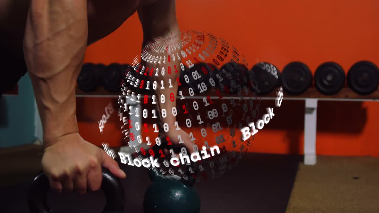 Trainer leaning over kettlebell, adjusting for fitness while blockchain sphere rotating over hands
