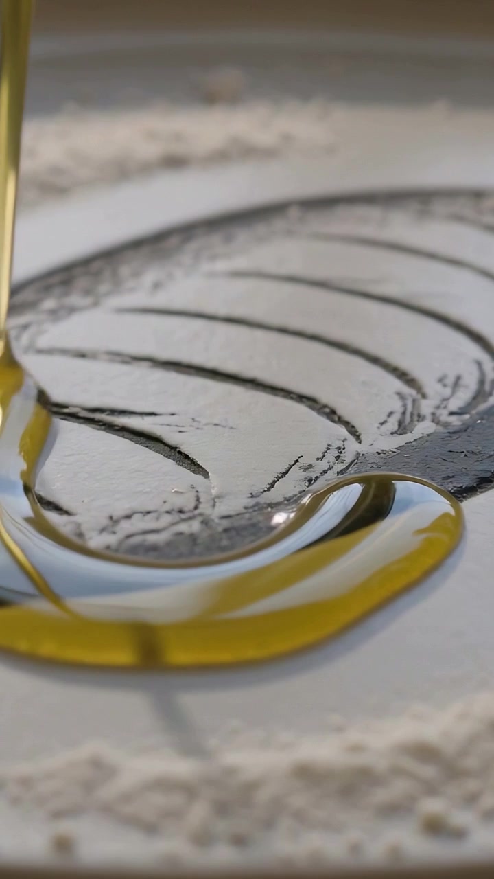 Video verticale: Olio dorato versato dall'alto che copre un disegno stampato, bordo di polvere su un piatto in evidenza.