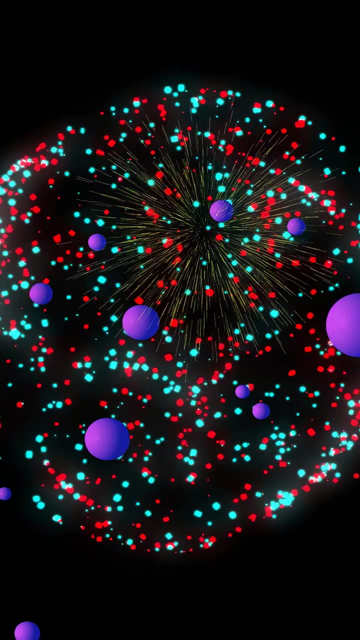 Video verticale: Sfera viola che entra da sinistra, anello che si forma, sfere che orbitano, punti che scorrono per arte 3D.