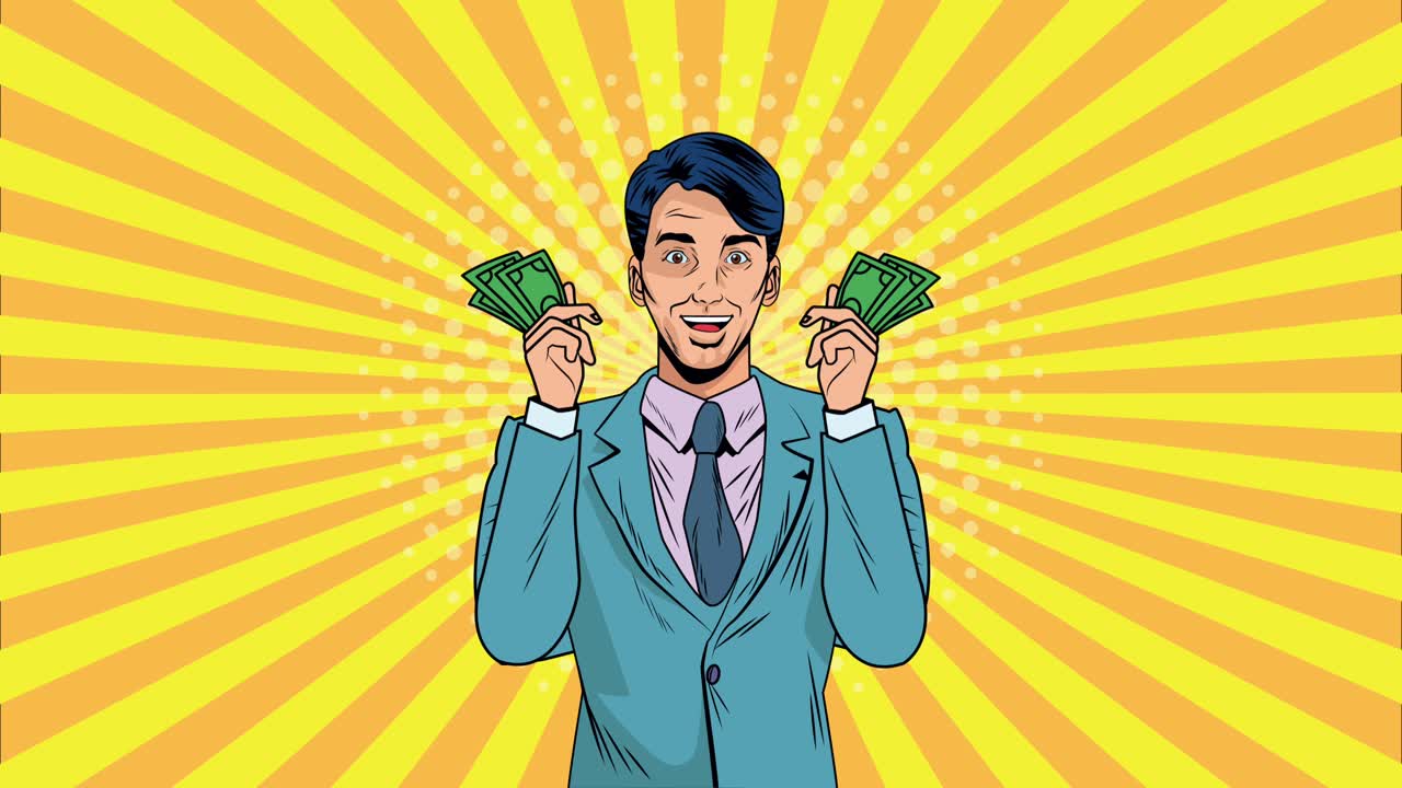 uomo d'affari con banconote dollari pop art animazione