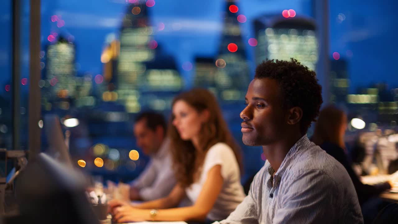 Focused Individual Engaged in Work with City Skyline Backdrop and Evening Lights Reflecting Professional Atmosphere for Productivity and Creativity