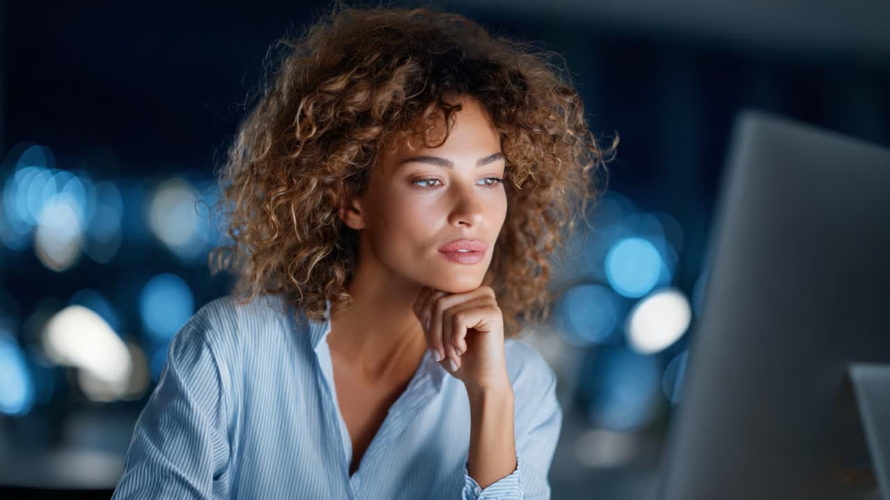 A Thoughtful Moment: A Young Woman with Curly Hair Deep in Thought While Working Late on Her Computer in a Cozy, Softly Lit Room