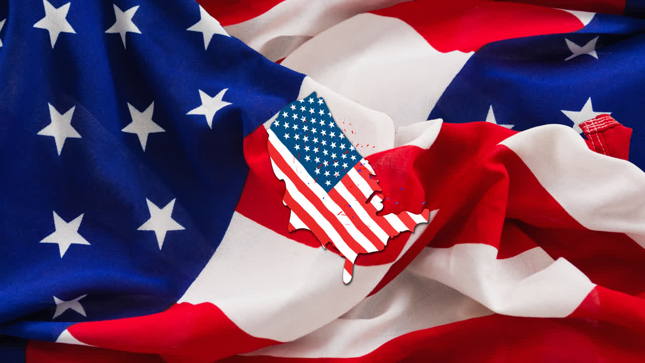 Animation of american flags over usa coloured with american flag