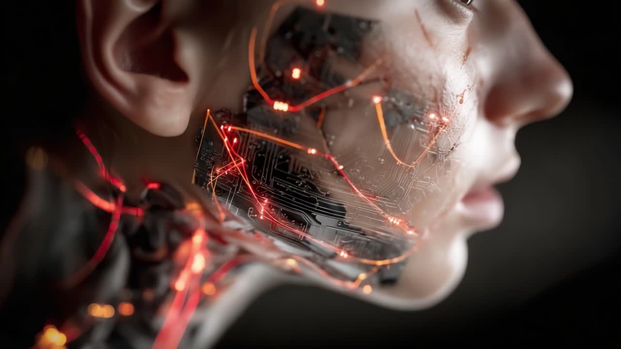 A close-up exploration of an advanced humanoid robotic face, showcasing intricate circuitry and glowing elements, blending technology and artistry in a vivid representation of futuristic design