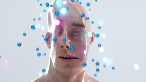 divertida animación 3d de una cara suave arrugada. el rostro humano está arrugado. concepto de descanso y relajación. una ducha de esferas se derrama sobre mi cabeza. renderizado 3d de bucle sin costuras.