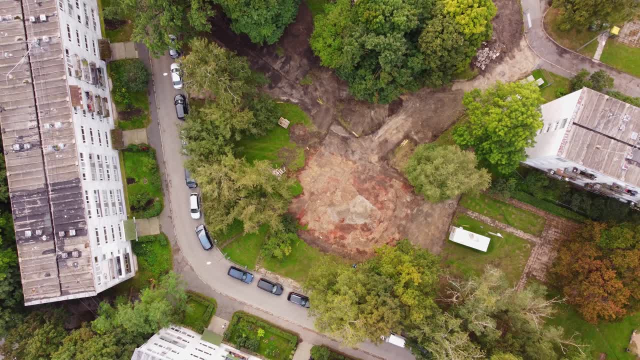 Playground construction first step. Ground for outdoor activity park.