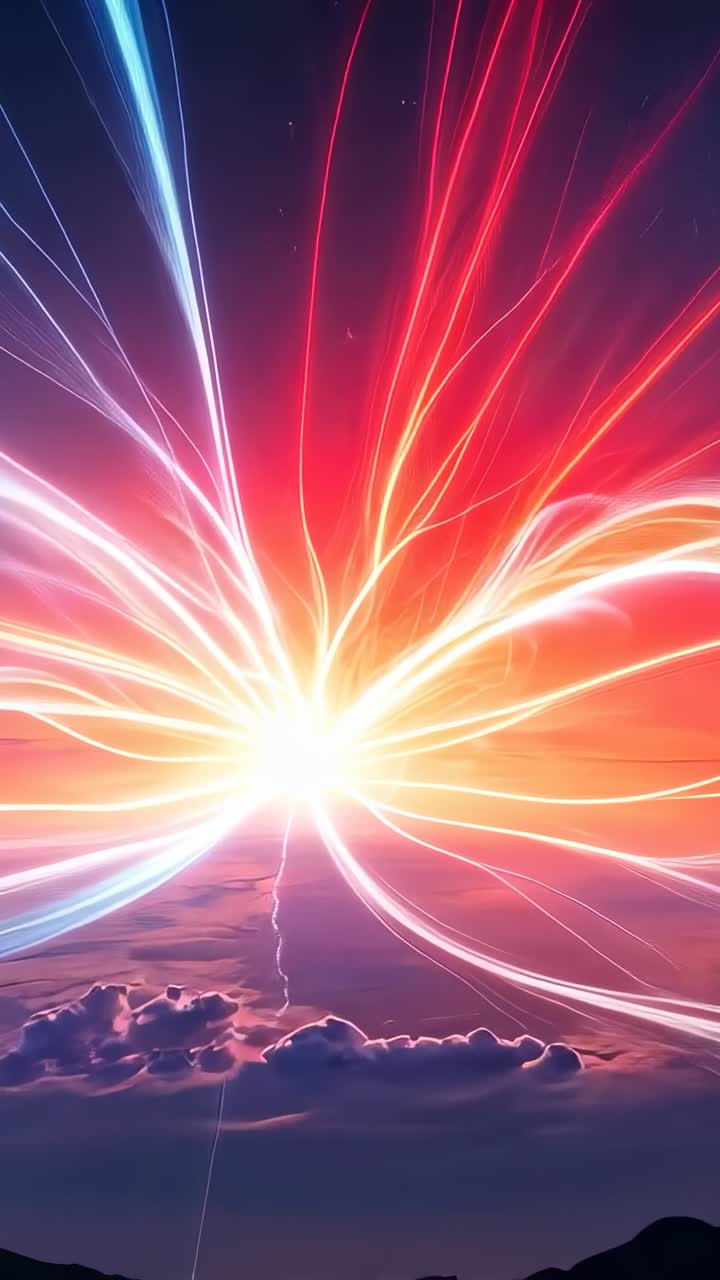 Vertical video: Suddenly emitting burst sending red blue beams in night sky, mountain ridge, clouds
