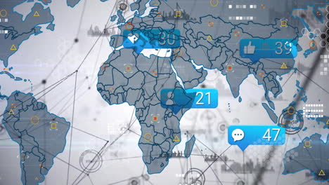 Animation-Der-Interaktion-In-Sozialen-Medien-über-Einer-Weltkarte-Mit-Verschiedenen-Symbolen-Und-Zahlen
