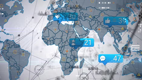 animación de interacción con las redes sociales sobre el mapa del mundo con varios iconos y números