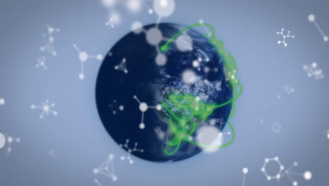 earth with green network lines surrounded by molecular structure animation