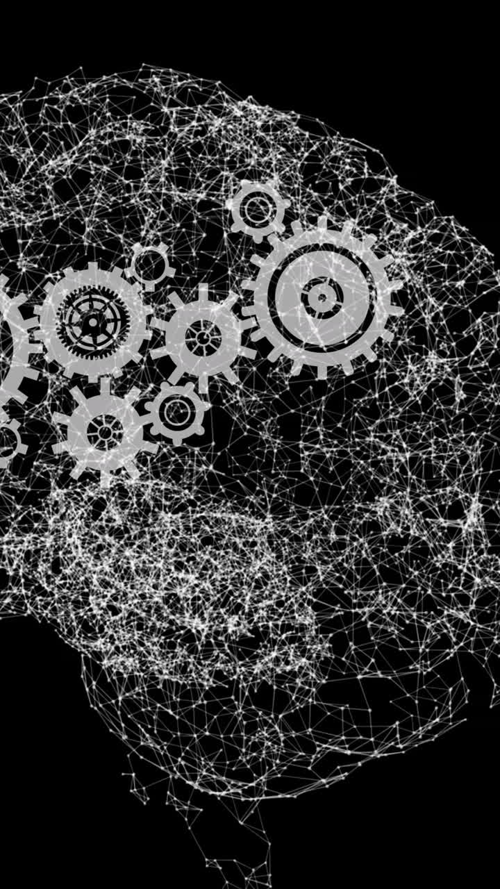 Animation of brain rotating over black background with gears
