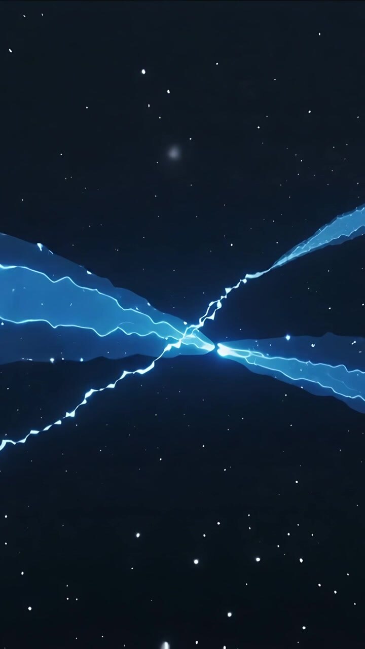 Vertical video: Rising jagged blue arc drawing mirror ribbons into space, forming core with sparks