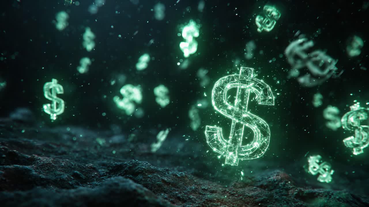 Hypnoottinen näkymä hohtavista dollarimerkeistä kellumassa salaperäisessä vedenalaisessa ympäristössä, herättäen teemoja varallisuudesta ja taloudellisten mahdollisuuksien houkutuksesta pinnan alla.
