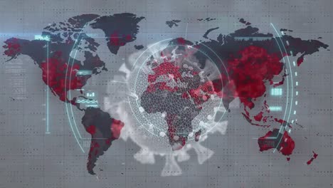 Animation of covid 19 cell over world map, scope scanning and data processing