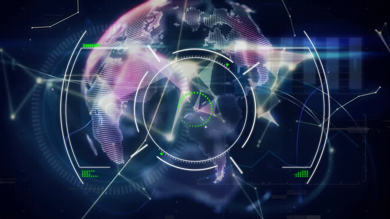 Digital world map and data visualization animation over abstract background