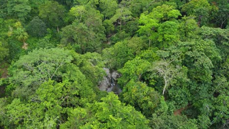 Versteckter-Wasserfall-Zwischen-Grünen-Waldbäumen-In-Santa-Marta,-Kolumbien,-Mit-Einer-Langsam-Herabsteigenden-Luftdrohne