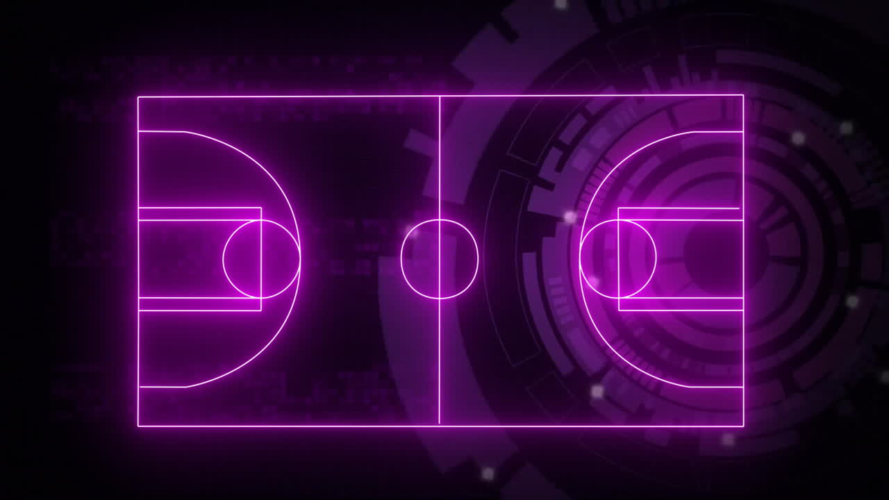 Animation of neon sports stadium over scope scanning and moving columns on black background