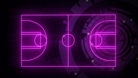 animation of neon sports stadium over scope scanning and moving columns on black background