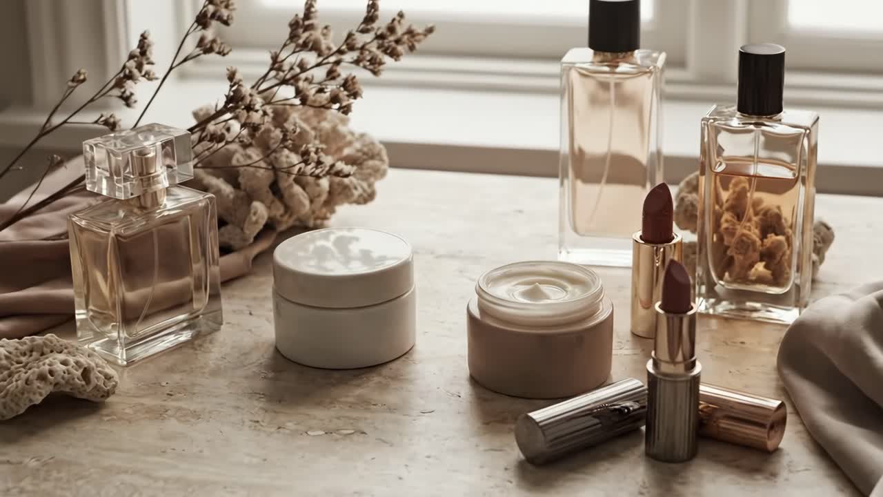 Luxus-Parfüm, Lippenstift und Creme auf Marmortisch