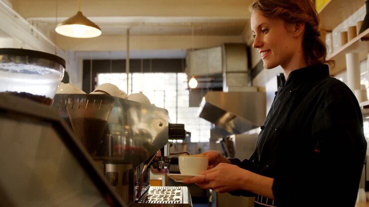 Cameriera che offre caffè al bancone 4k