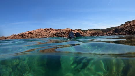 man swimming underwater in clear water wearing snorkeling mask