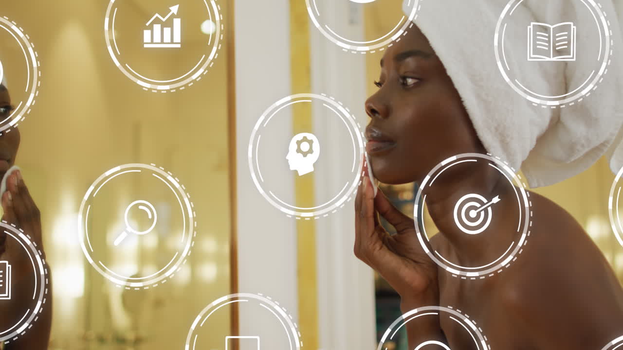 Animasi ikon di atas wanita Afrika-Amerika yang sedang membersihkan wajah di kamar mandi