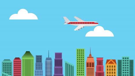 airplane flying transport with buildings cityscape