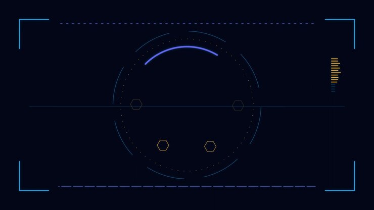Interfaccia HUD digitale futuristica con elementi circolari rotanti