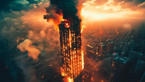 a tall building on fire in the middle of a city