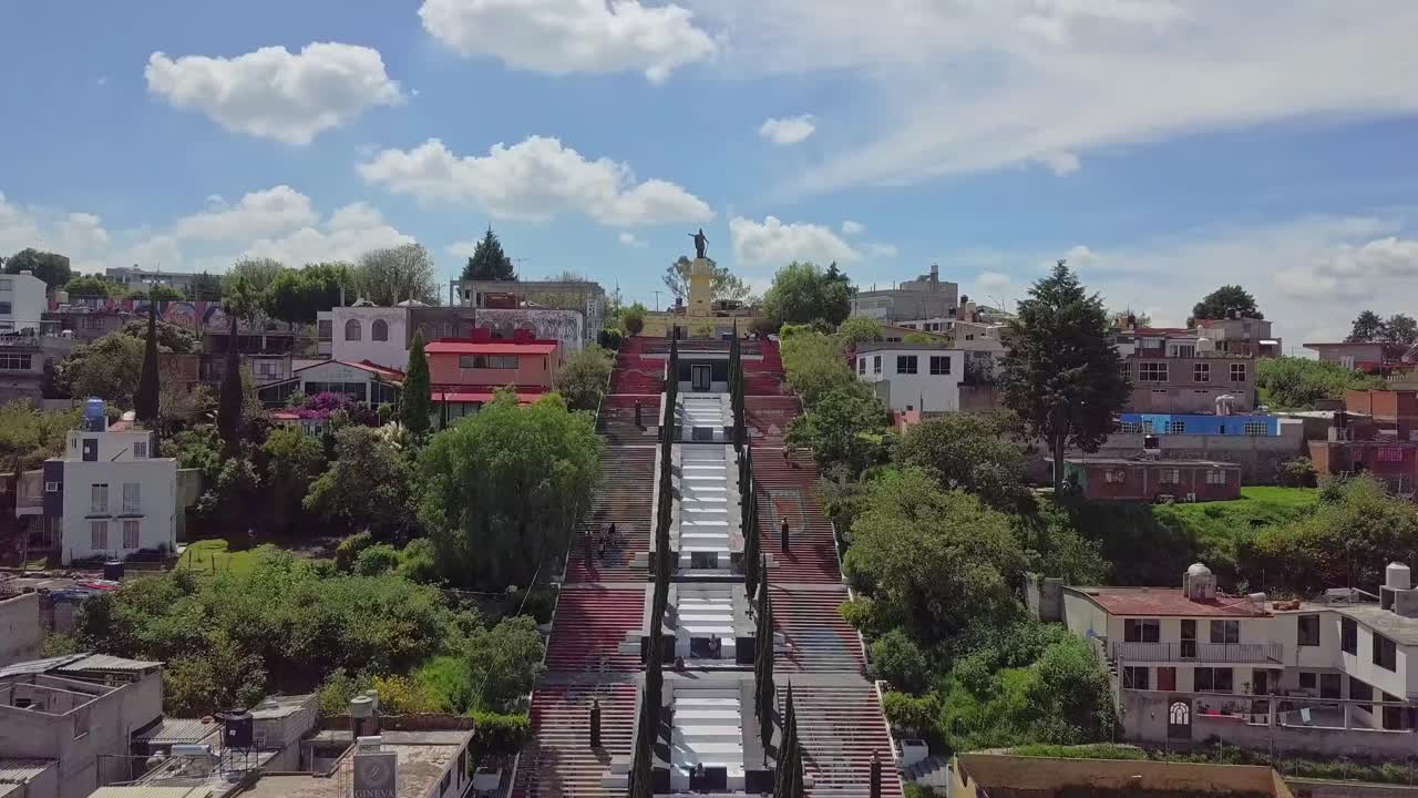 Aerial footage of the Escalinatas in Tlaxcala, Mexico, showing the long staircase and panoramic views of the city
