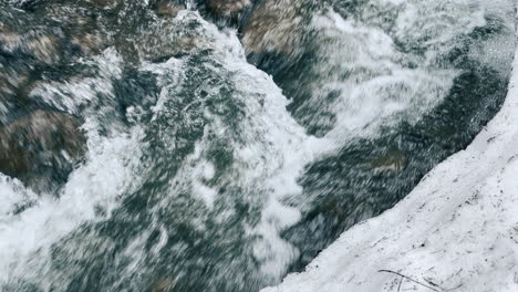 Bubbling-river-in-winter-snow.-Closeup-swift-and-frozen-river-with-snowy-banks.