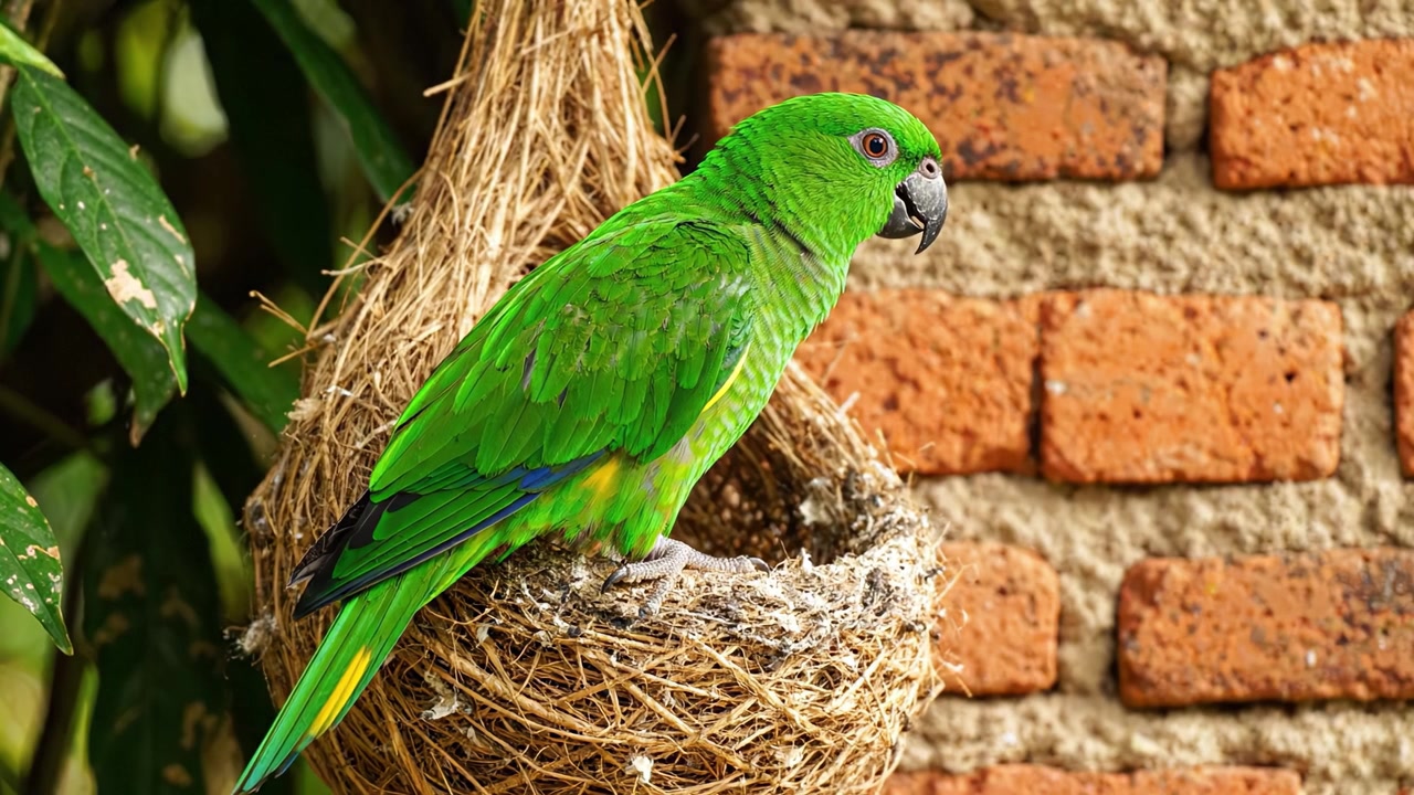 Um Papagaio Verde Vibrante Aninhando-se Calmamente em Seu Ninho Intrincado, Rodeado pela Abundante Beleza da Natureza e Elementos Naturais Texturizados