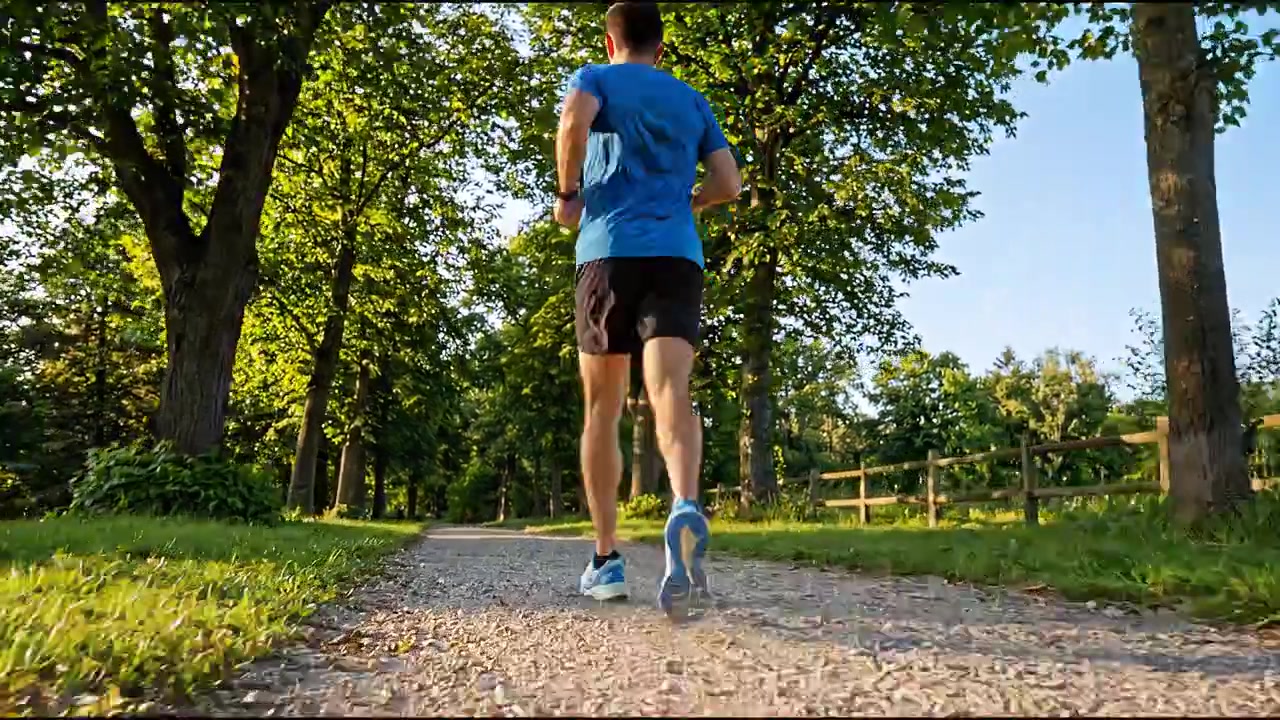 Tampak belakang pelari joging melintasi jalur taman hijau saat latihan kebugaran