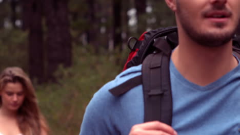 couple hiking through a forest