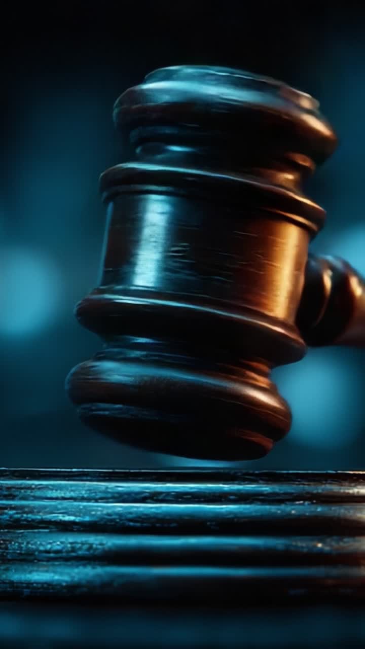 Un primo piano di un martello di legno che colpisce un blocco sonoro, a simboleggiare giustizia, autorità e processo decisionale in un contesto legale