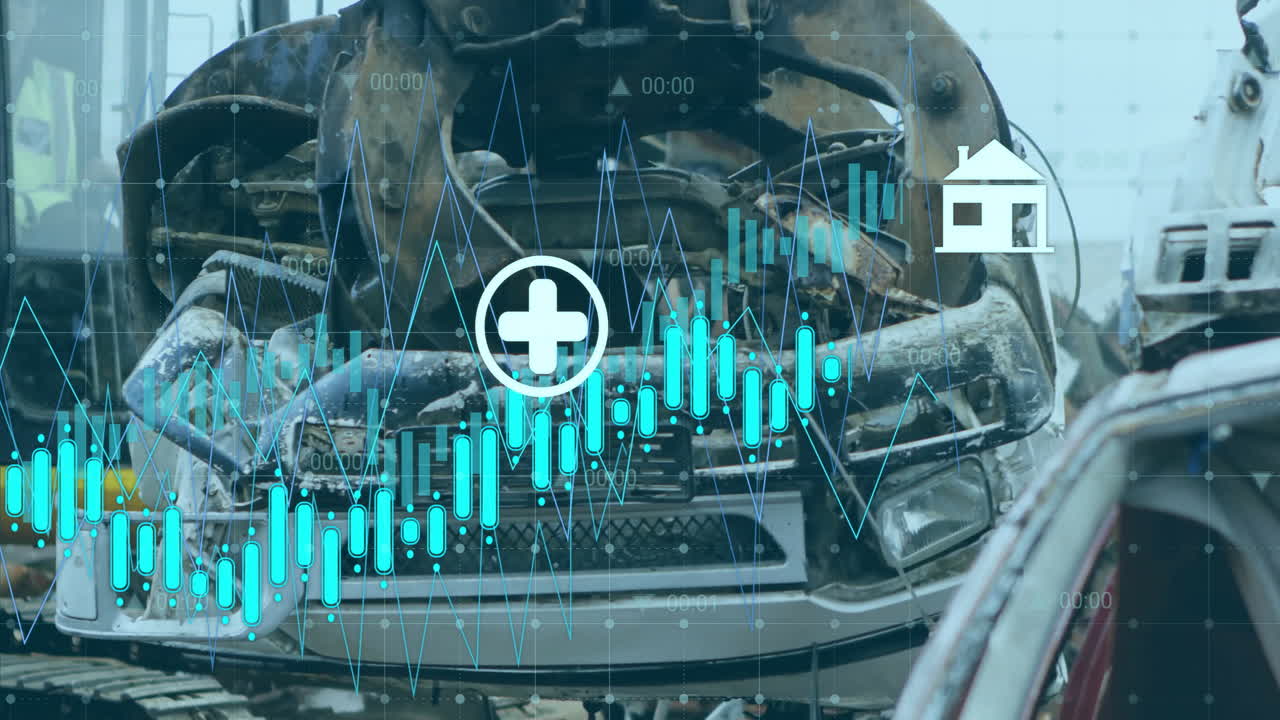 쓰레기 매립장 위의 아이콘으로 금융 데이터 처리의 애니메이션