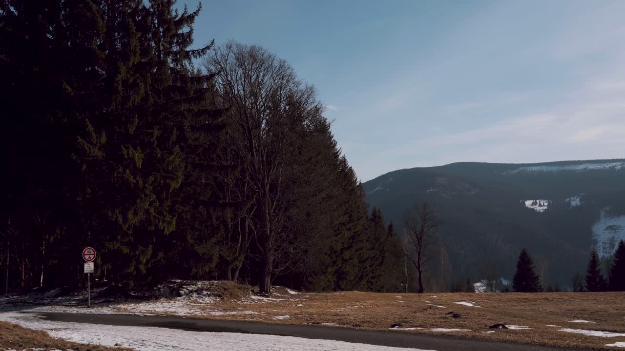 Pan Left From Tree With Winter Sun To Entrance To Forest At Krkonose national park. Follow Shot