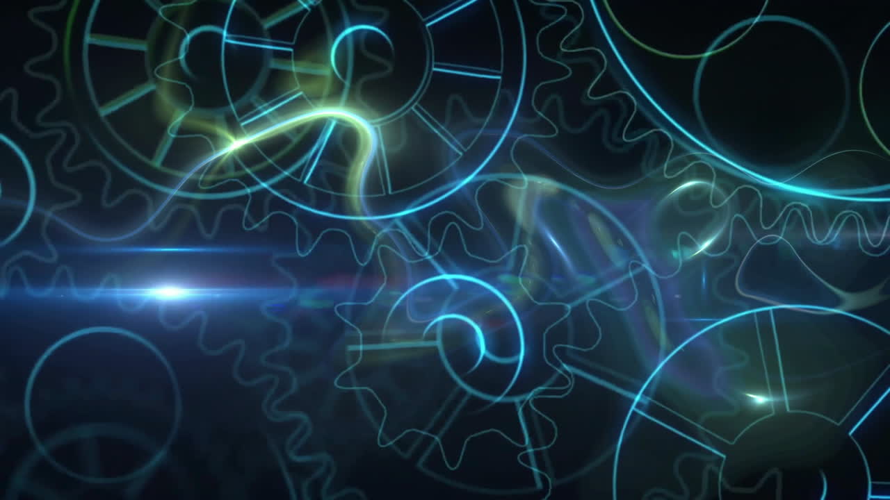 Animation of moving cogs over neon shapes moving