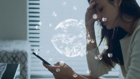 Animation-of-globe-with-network-of-connections-over-woman-using-smartphone