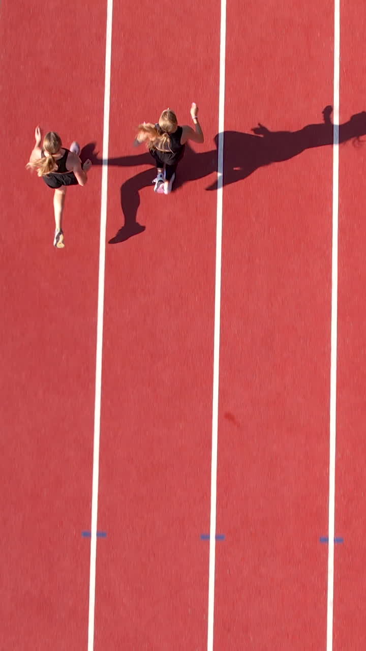 Ripresa aerea verticale di due donne in forma che gareggiano su una pista rossa dello stadio durante il tramonto, mostrando prestazioni atletiche e competizione.
