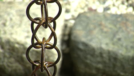 rain and gushing water drain down a japanese rain chain, or kusari-doi