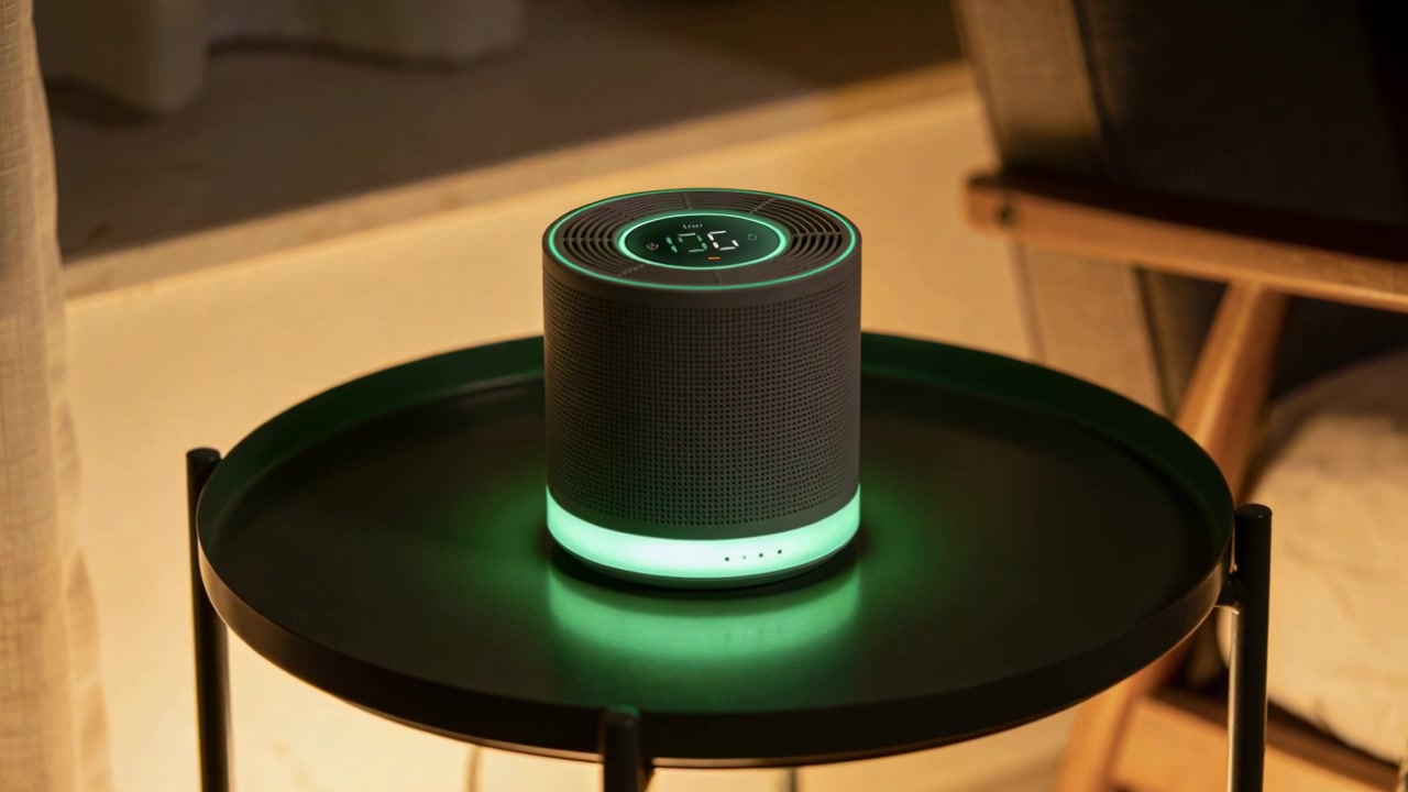 Powering up, smart device sitting on table in living room, glowing LED ring showing numeric readout