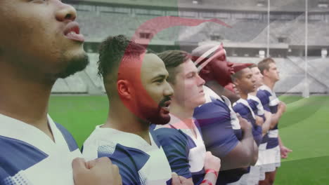 Animación-De-La-Bandera-De-Argelia-Sobre-Diversos-Jugadores-De-Rugby-Masculinos-Cantando-El-Himno-En-El-Estadio.