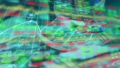 animación de las estadísticas del mercado de valores sobre fichas de casino y cartas de juego cayendo