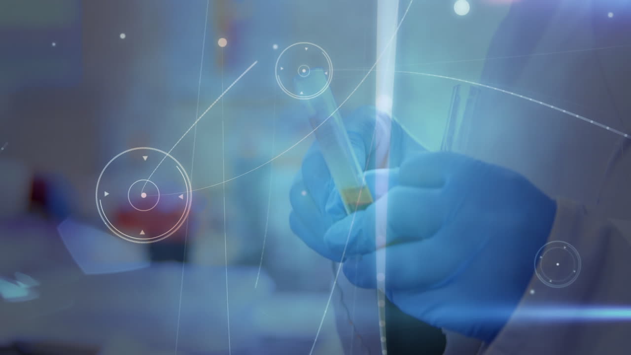 анимация сети соединений над руками лабораторного работника с образцом