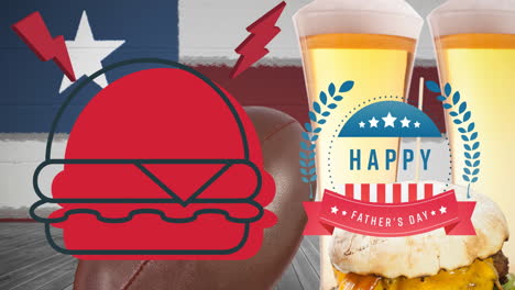 animation of 4th july text over hamburger, rugby ball, beers and american flag