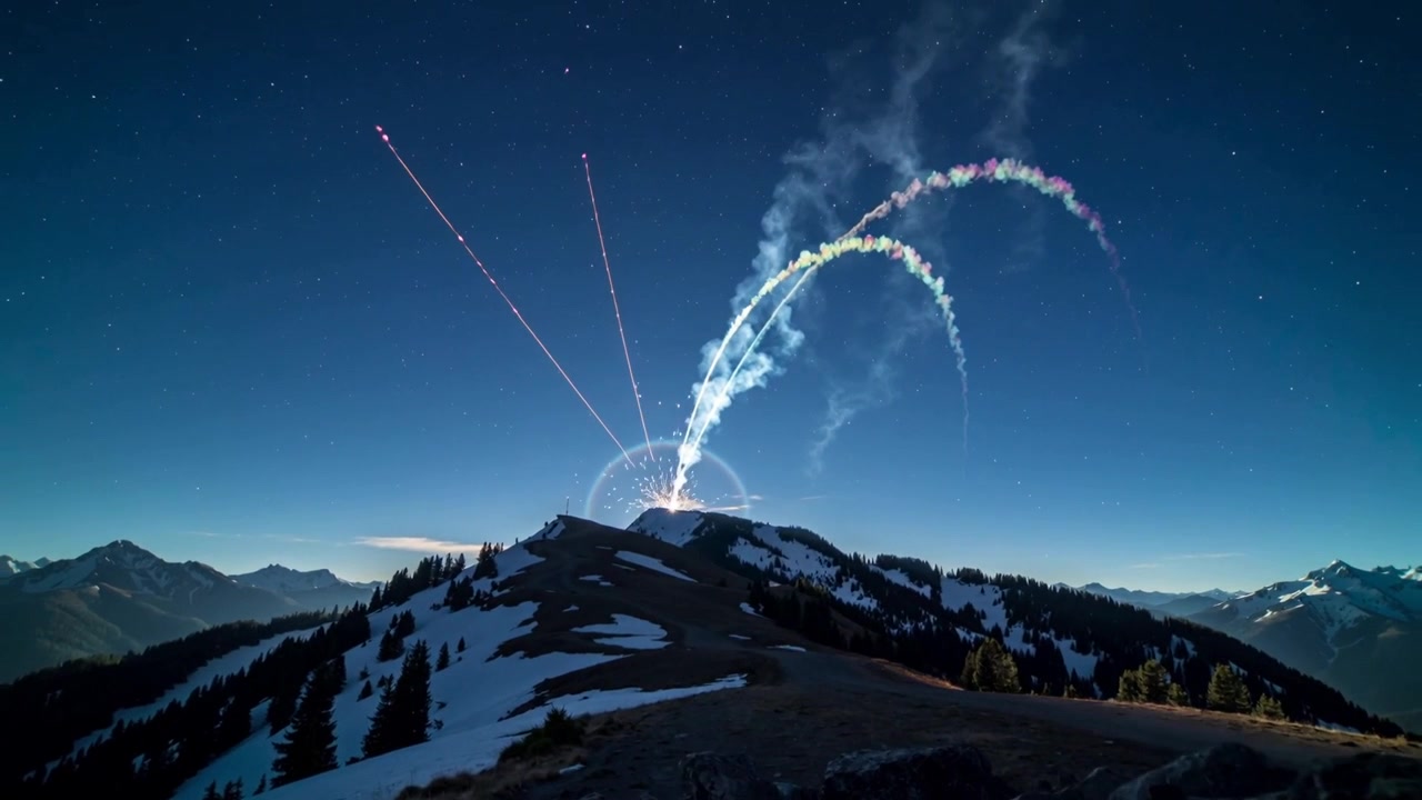 Lancio di razzi dopo che un razzo segnalatore si accende su una cresta montuosa innevata, creando uno spettacolo nel cielo notturno.
