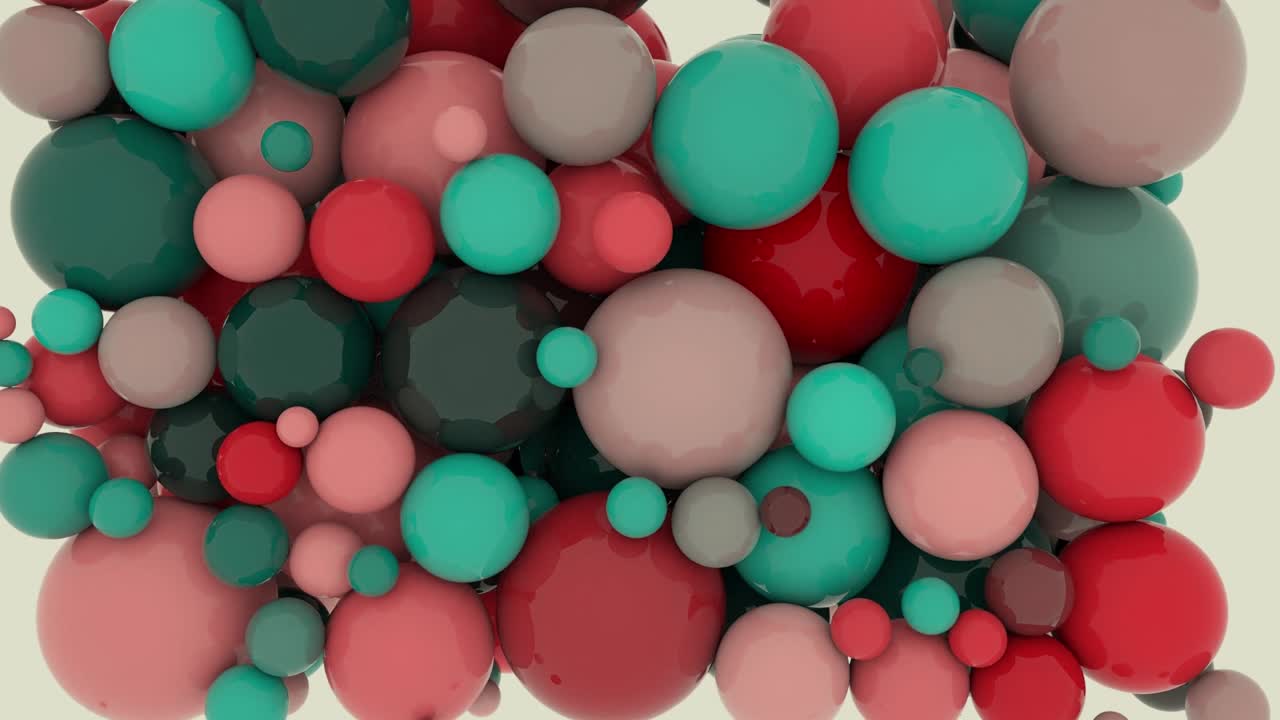 Abstract animation loop shows colorful spheres, pink, green, red, floating, falling, colliding, filling screen. Soft texture, light background. Ideal for presentations, backdrops
