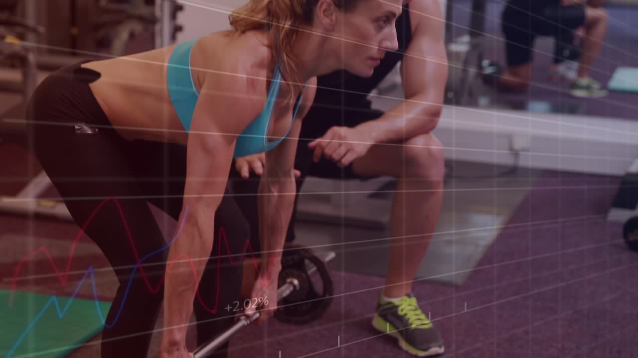 Animation of white line map over male and female exercising in gym