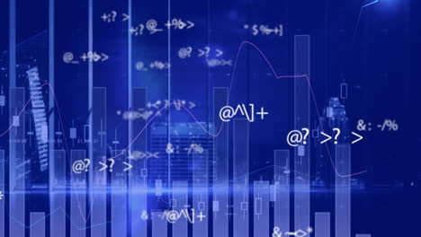 Animation-of-data-processing-over-graphs-and-charts-over-cityscape-at-night